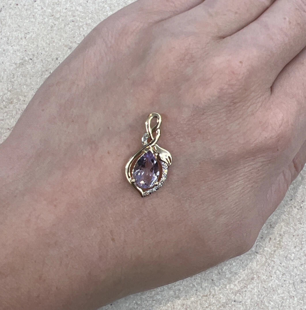 9Ct Yellow Gold Pear Cut Created Amethyst and Diamond Accent Charm Pendant