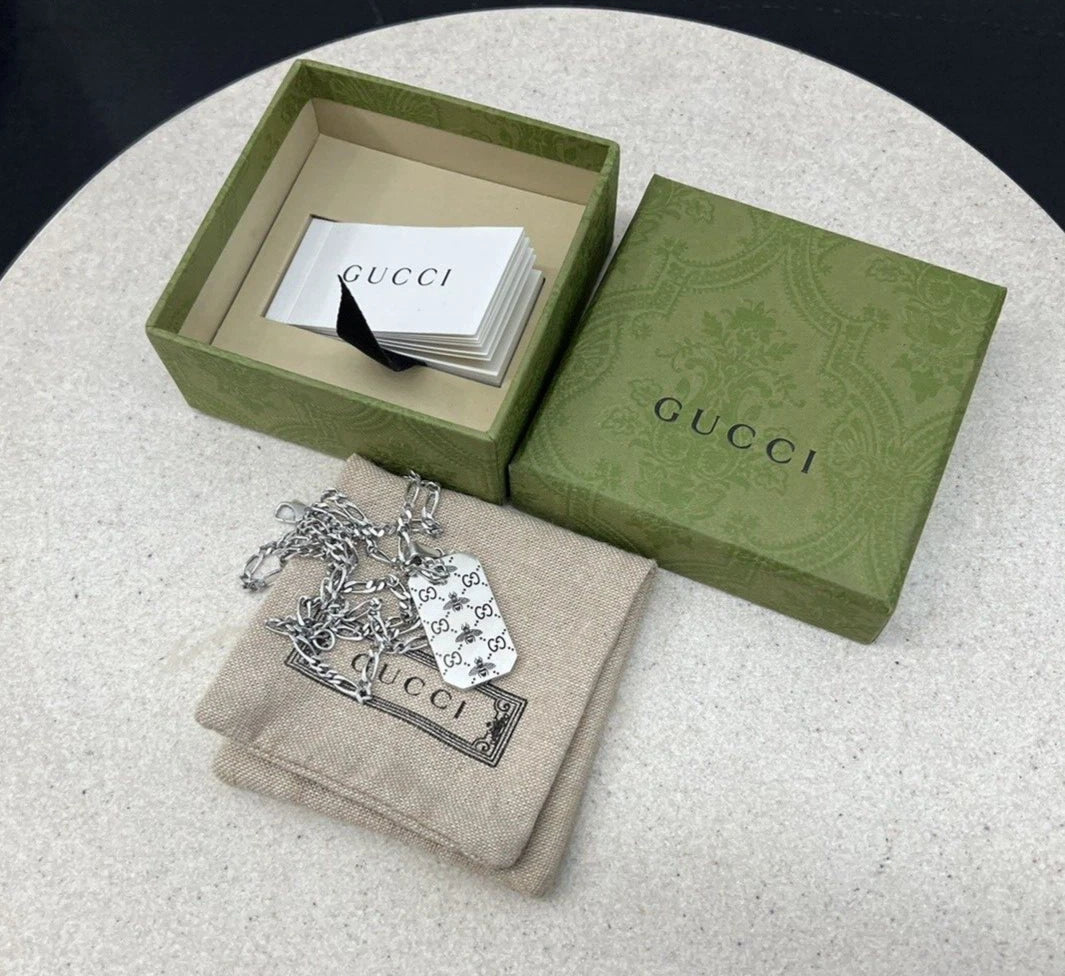 Gucci GG and Bee Engraved Pendant 50cm Necklace - 925 Sterling Silver