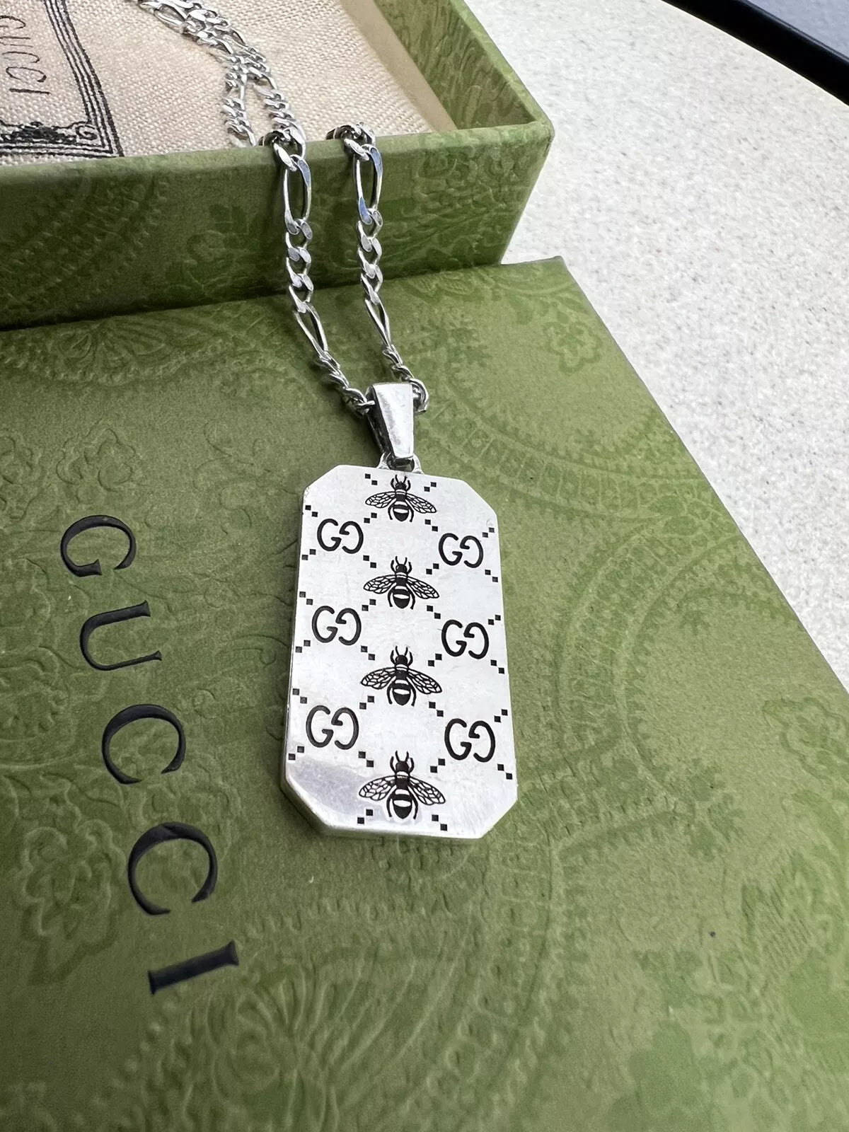 Gucci GG and Bee Engraved Pendant 50cm Necklace - 925 Sterling Silver