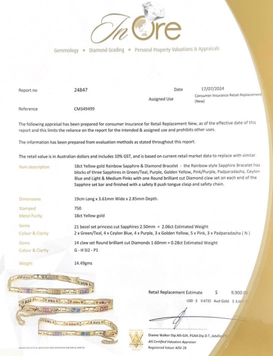 18Ct Yellow Gold 19cm 7.5" Multi-Gemstone & Diamond Bracelet