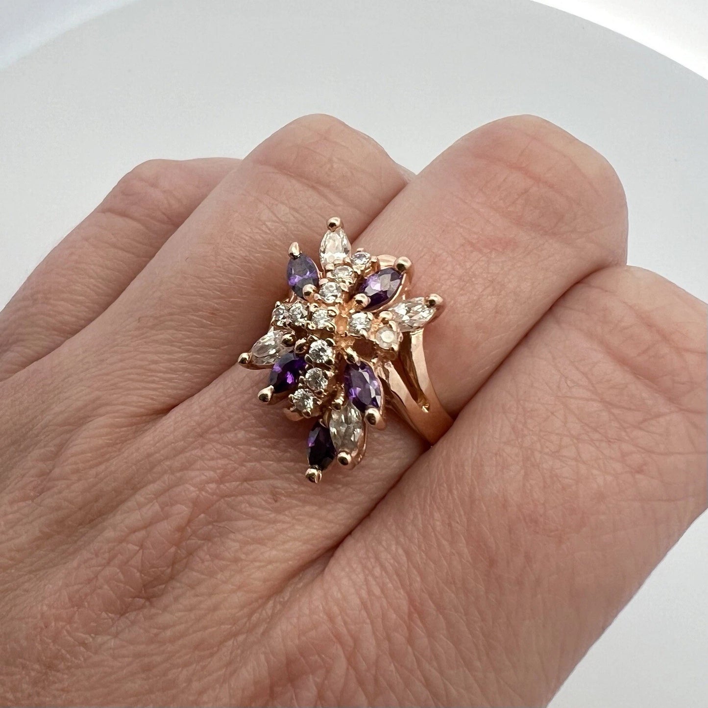 14Ct Rose Gold Multi-Cut CZ Dress Ring Sz J