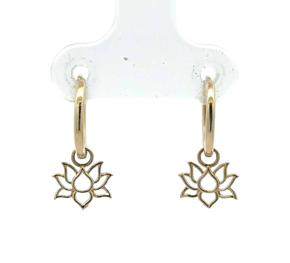 9Ct Yellow Gold Lotus Huggie Hoop Drop Earrings