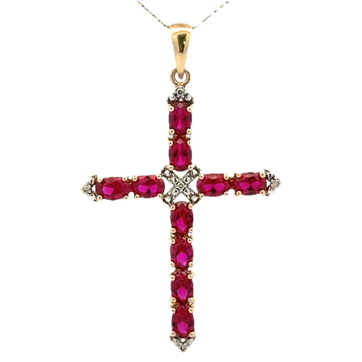 9Ct Yellow Gold Created Ruby & Diamond Accent Cross Pendant