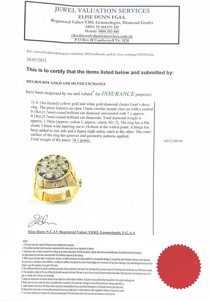14Ct Yellow Gold 1.50 Carat TW Diamond Hinged Men's Ring Sz S1/2 WITH VALUATION