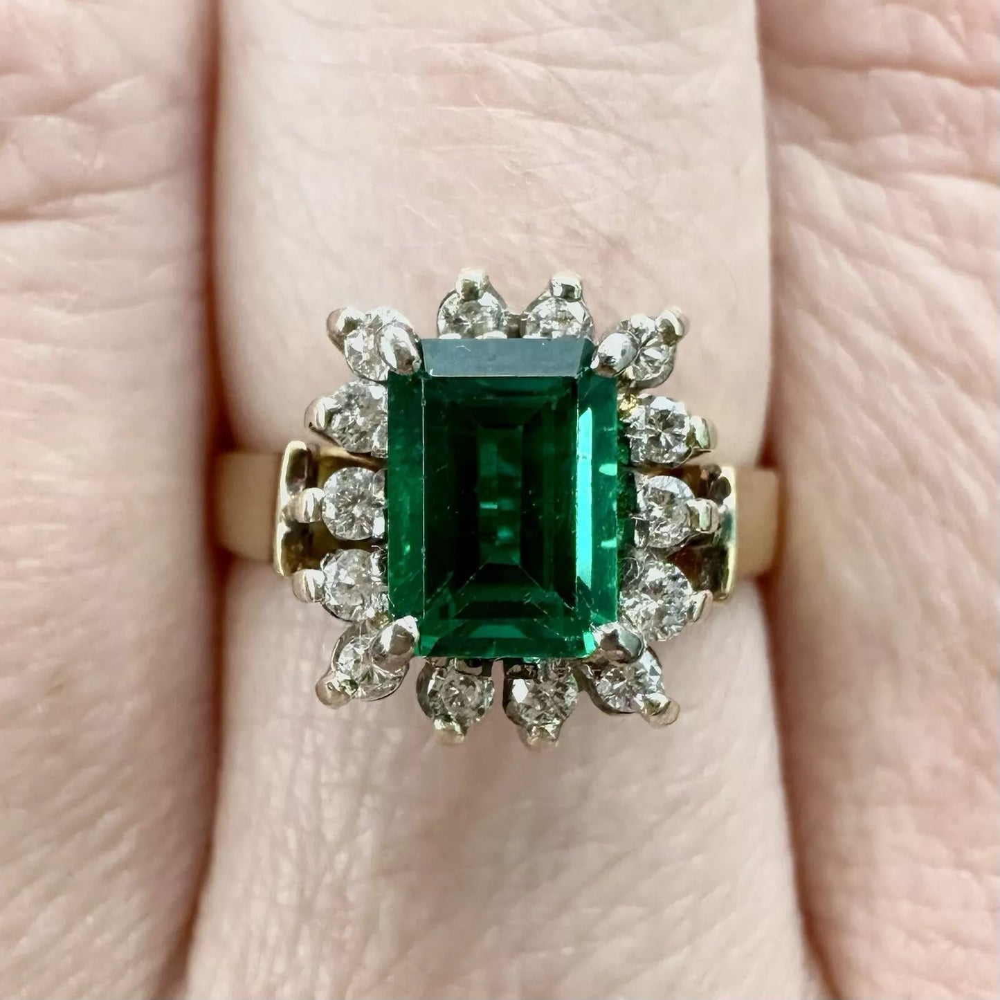 18Ct Two-Toned Gold .82 Carat Emerald & .19 Carat Diamond Dress Ring Sz M