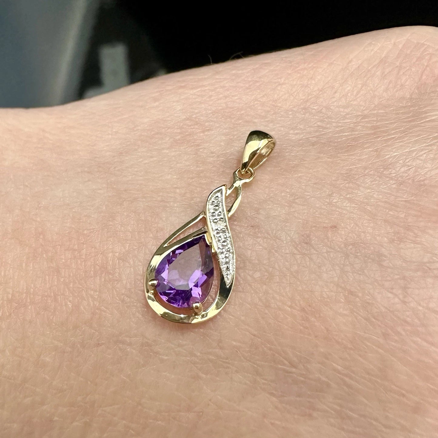 9Ct Yellow Gold Amethyst & Diamond Set Swirl Drop Pendant