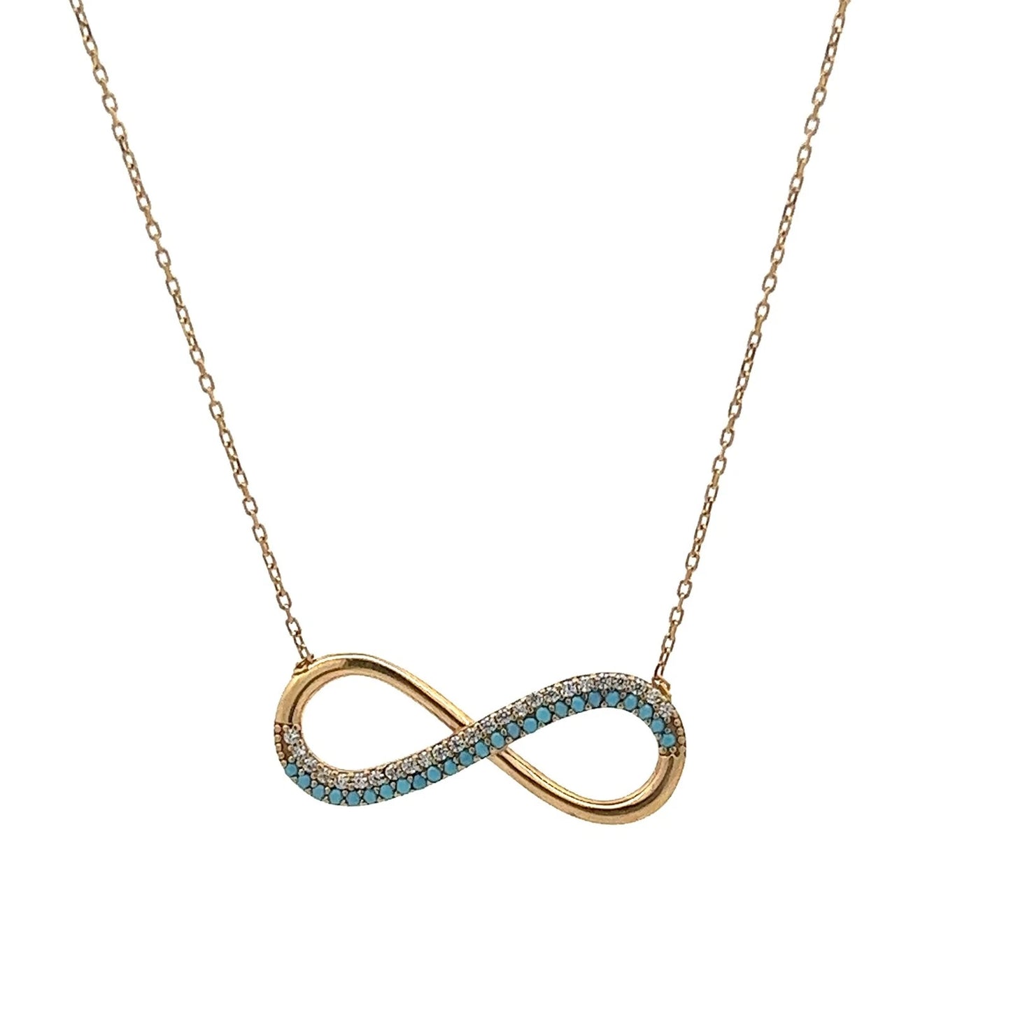 18Ct Yellow Gold Turquoise and CZ Infinity 45cm Chain Necklace