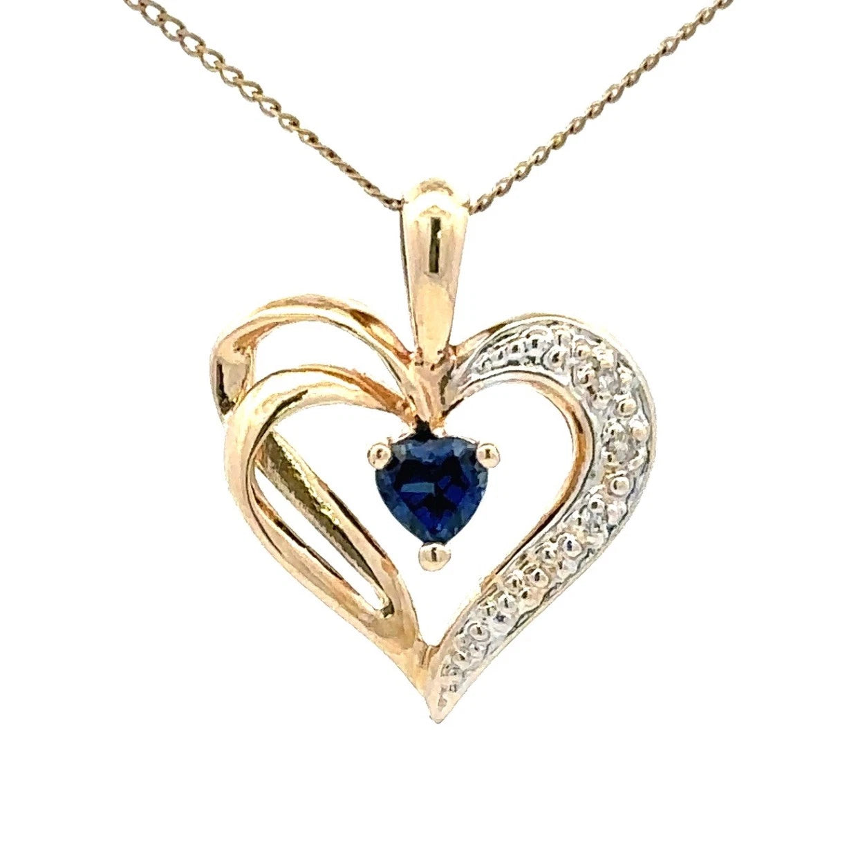 9Ct Yellow Gold Diamond Created Sapphire Heart Pendant