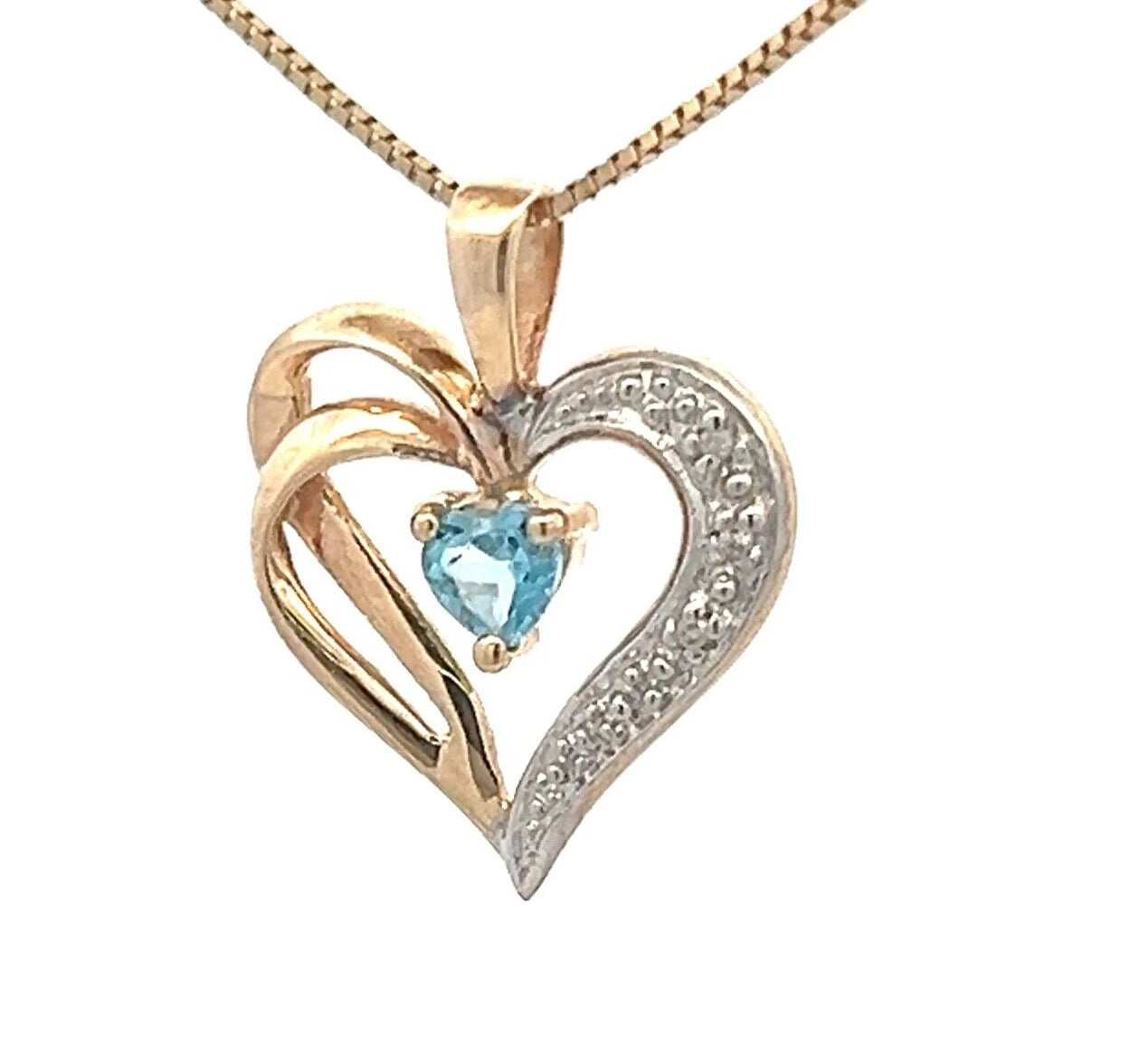 9Ct Two-Toned Gold Created Blue Topaz & Diamond Accent Heart Charm Pendant