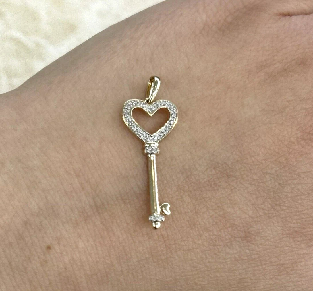 9Ct Yellow Gold .02 Carat TW Diamond Heart Key Charm Pendant