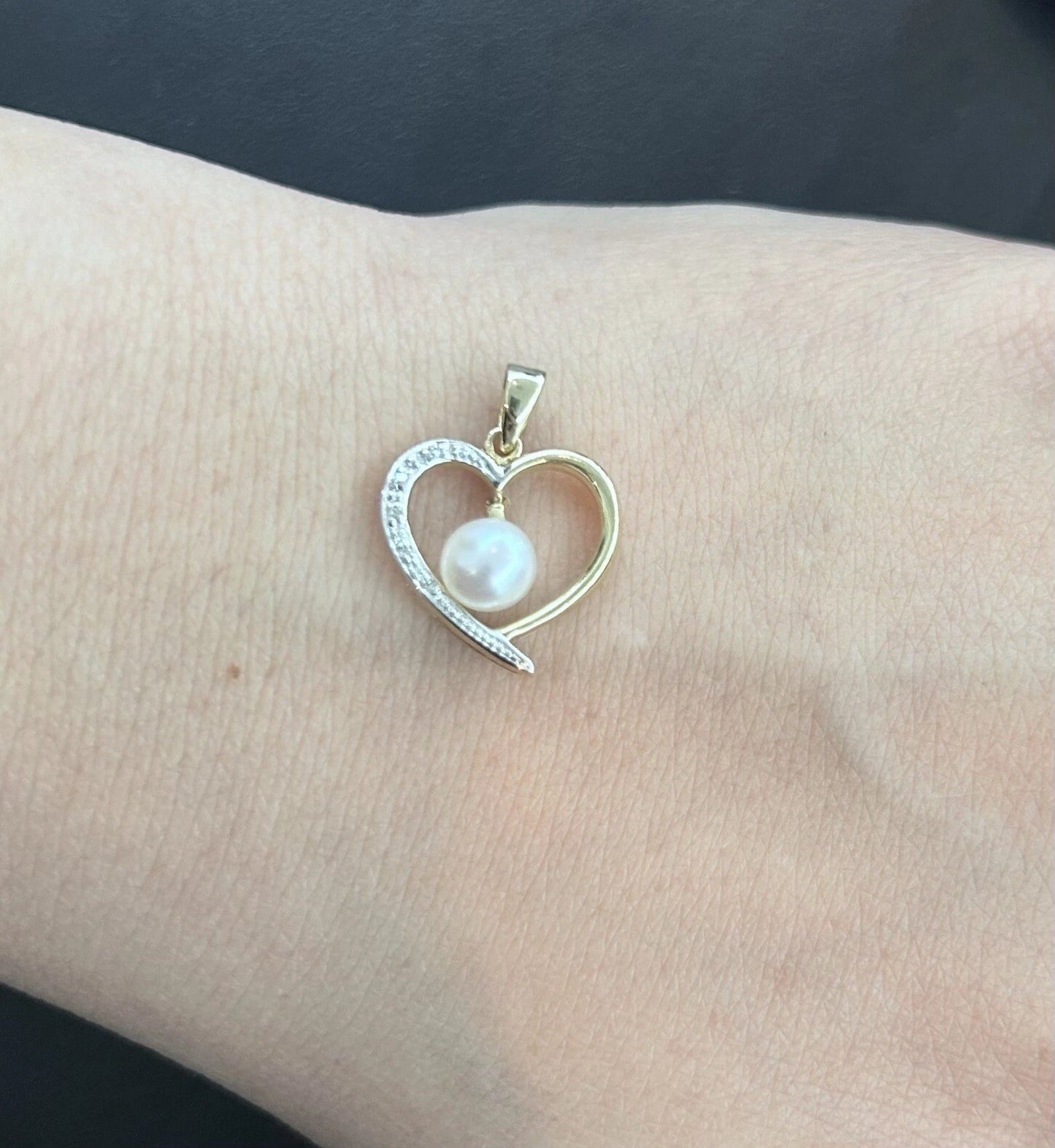 9Ct Two-Toned Gold Heart with Pearl and Accent Diamonds Charm Pendant