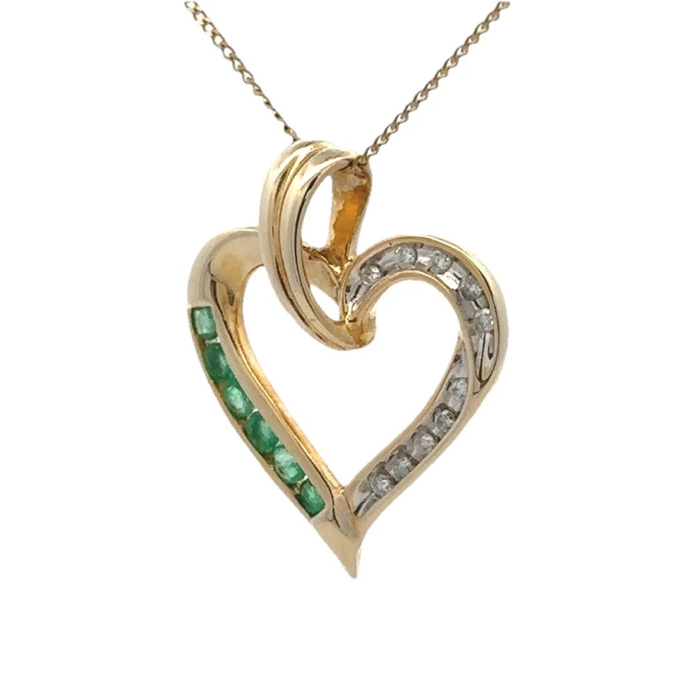 9Ct Yellow Gold Emerald & Diamond Heart Pendant