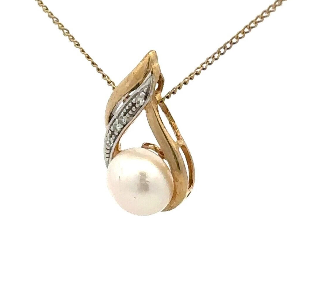 9Ct Two-Toned Gold Pearl & Diamond Accent Charm Pendant