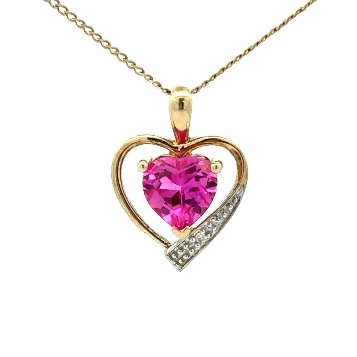 9Ct Yellow Gold Created Pink Sapphire & Diamond Accent Heart Pendant