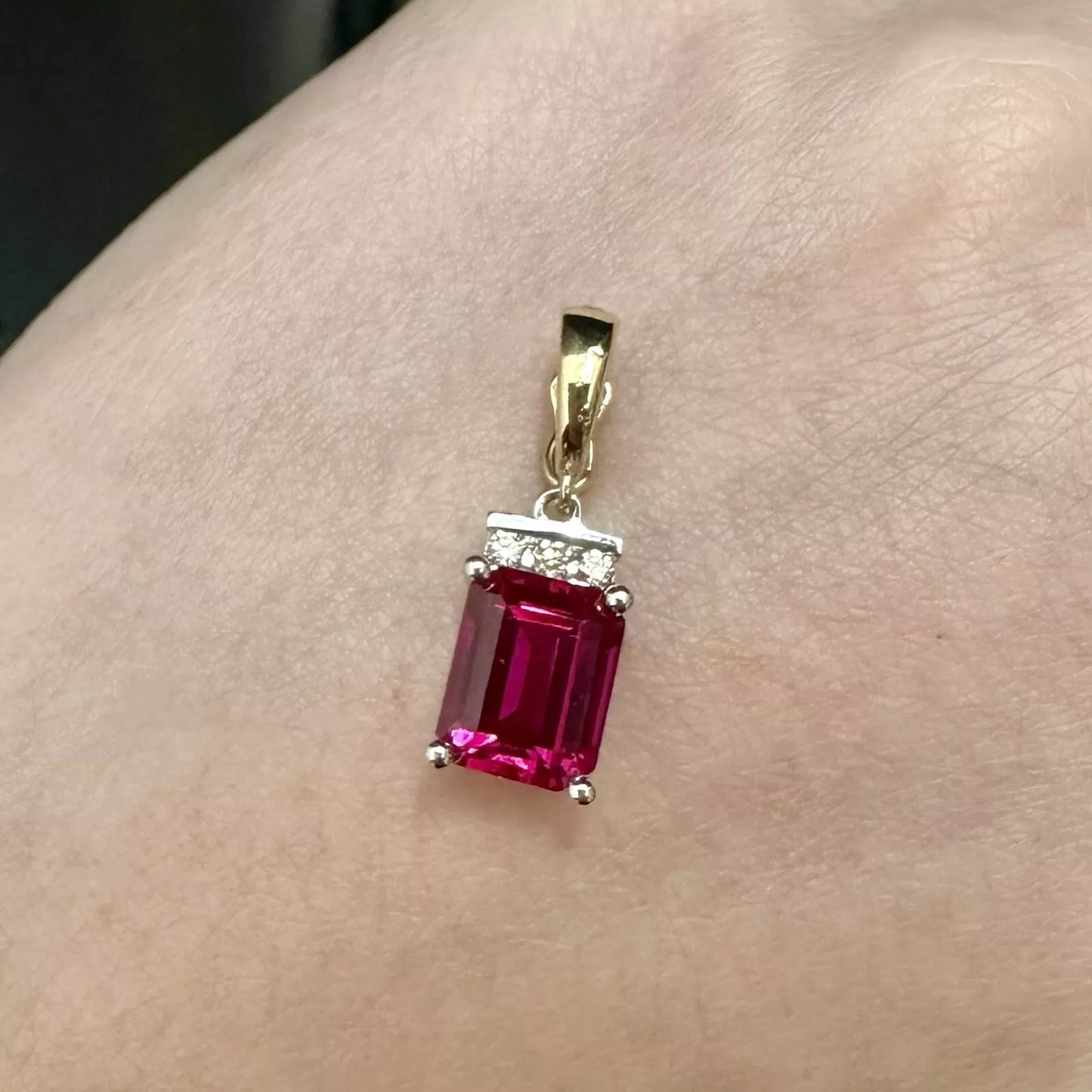 9Ct Two-Toned Gold Created Ruby & .10Ct Diamond Enhancer Pendant