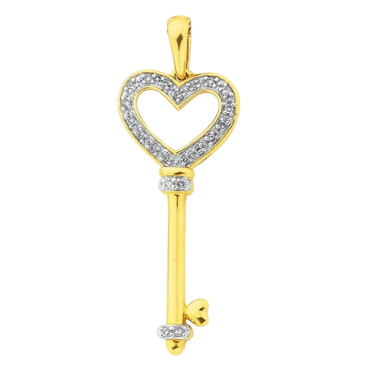 9Ct Yellow Gold .02 Carat TW Diamond Heart Key Charm Pendant