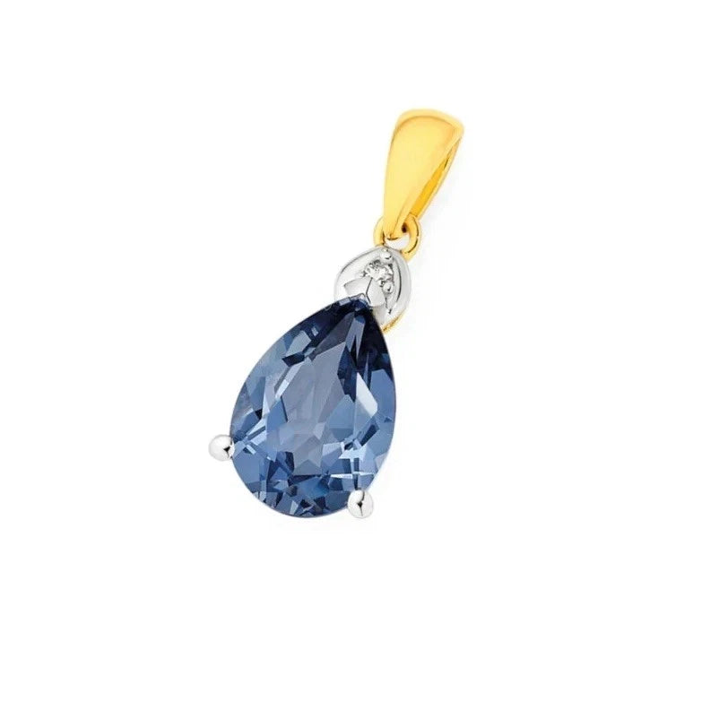 9Ct Yellow Gold Created Ceylon Sapphire & Diamond Pendant