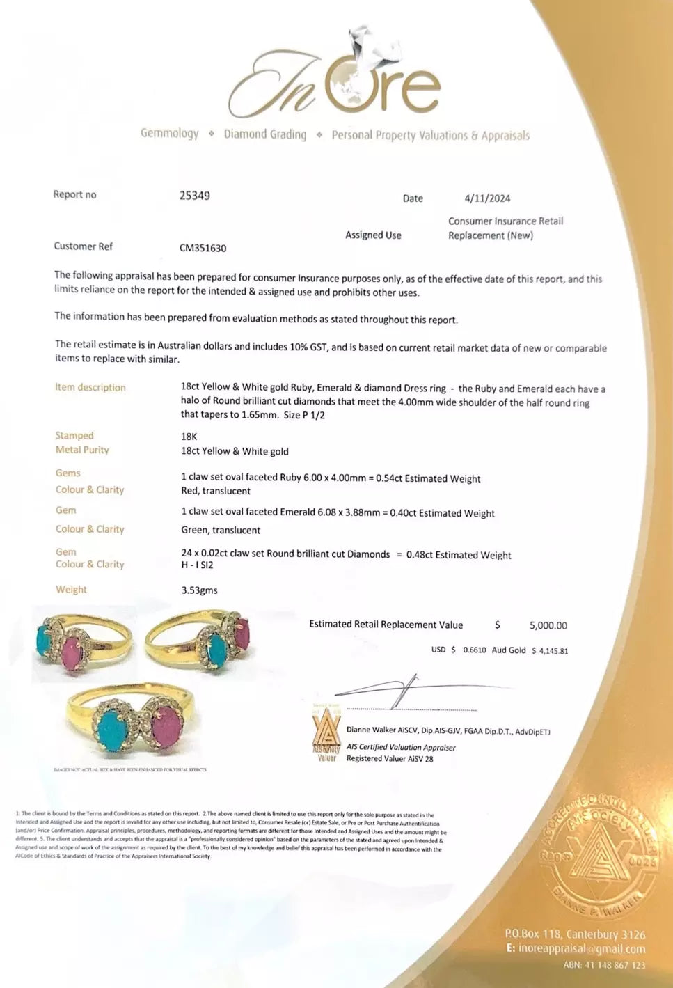 18Ct Yellow Gold Ruby, Emerald & .48Ct Diamond Dress Ring Sz P 1/2 VAL INCLUDED