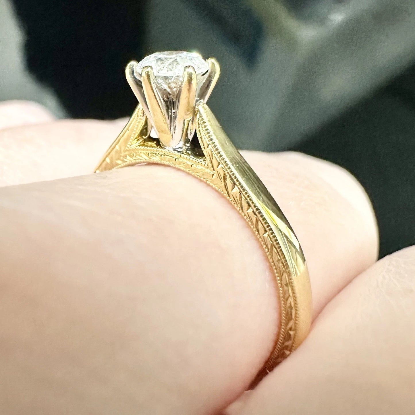 18Ct Two-Toned Gold .45 Carat TW Diamond Millgrain Set Solitaire Ring