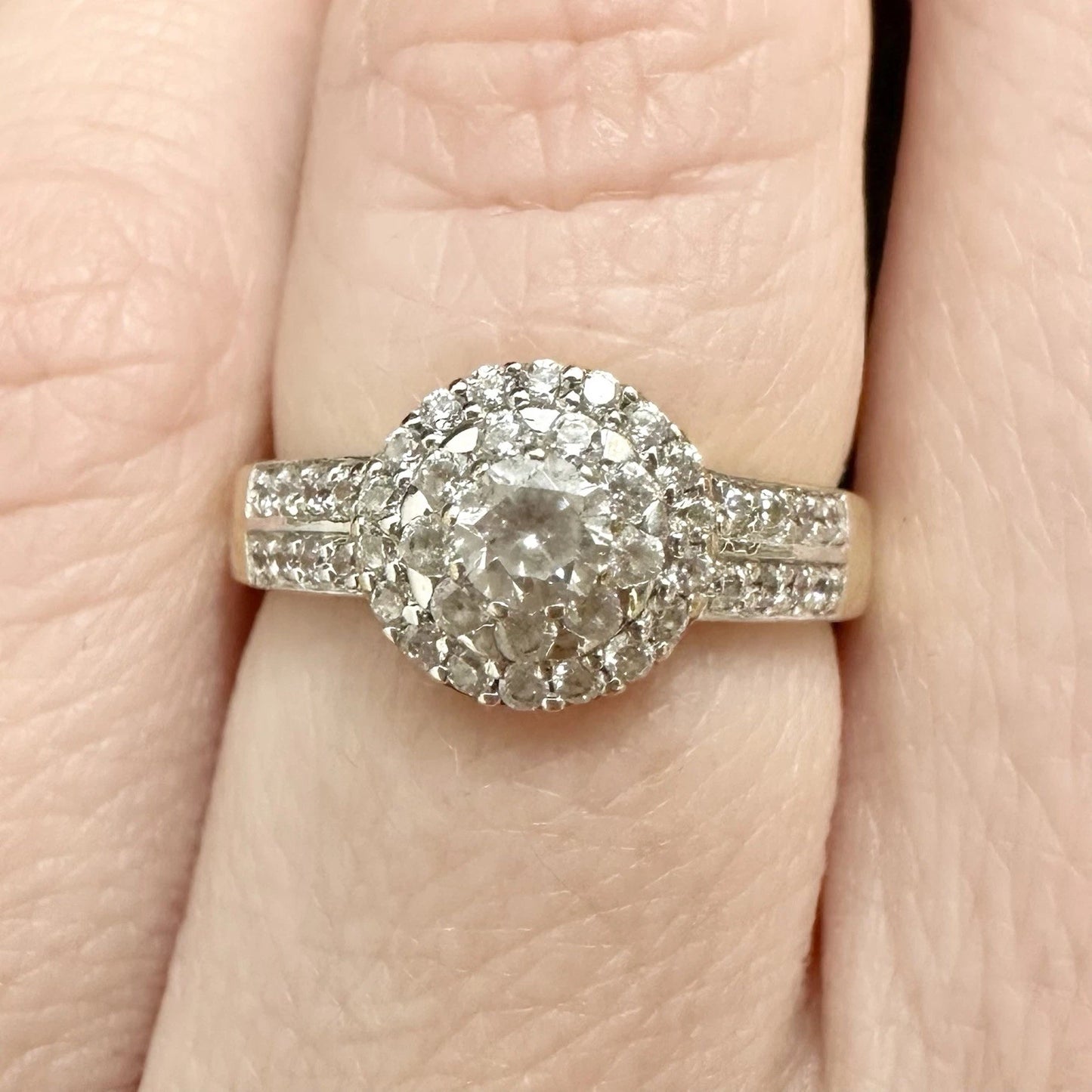 9Ct Yellow Gold .50 Carat TW Diamond Simulant Halo Ring Sz I