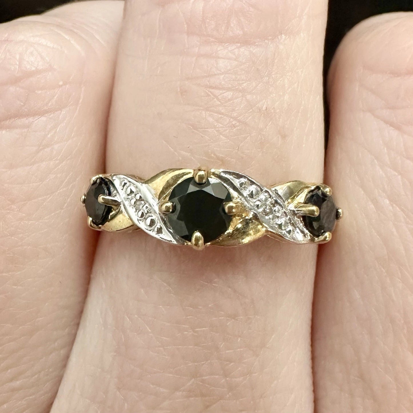 9Ct Two-Toned Gold Sapphire & Diamond Accent Ring Sz N