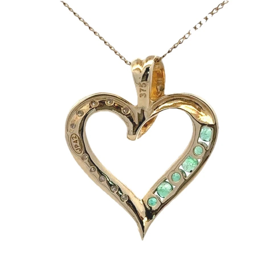 9Ct Yellow Gold Emerald & Diamond Heart Pendant