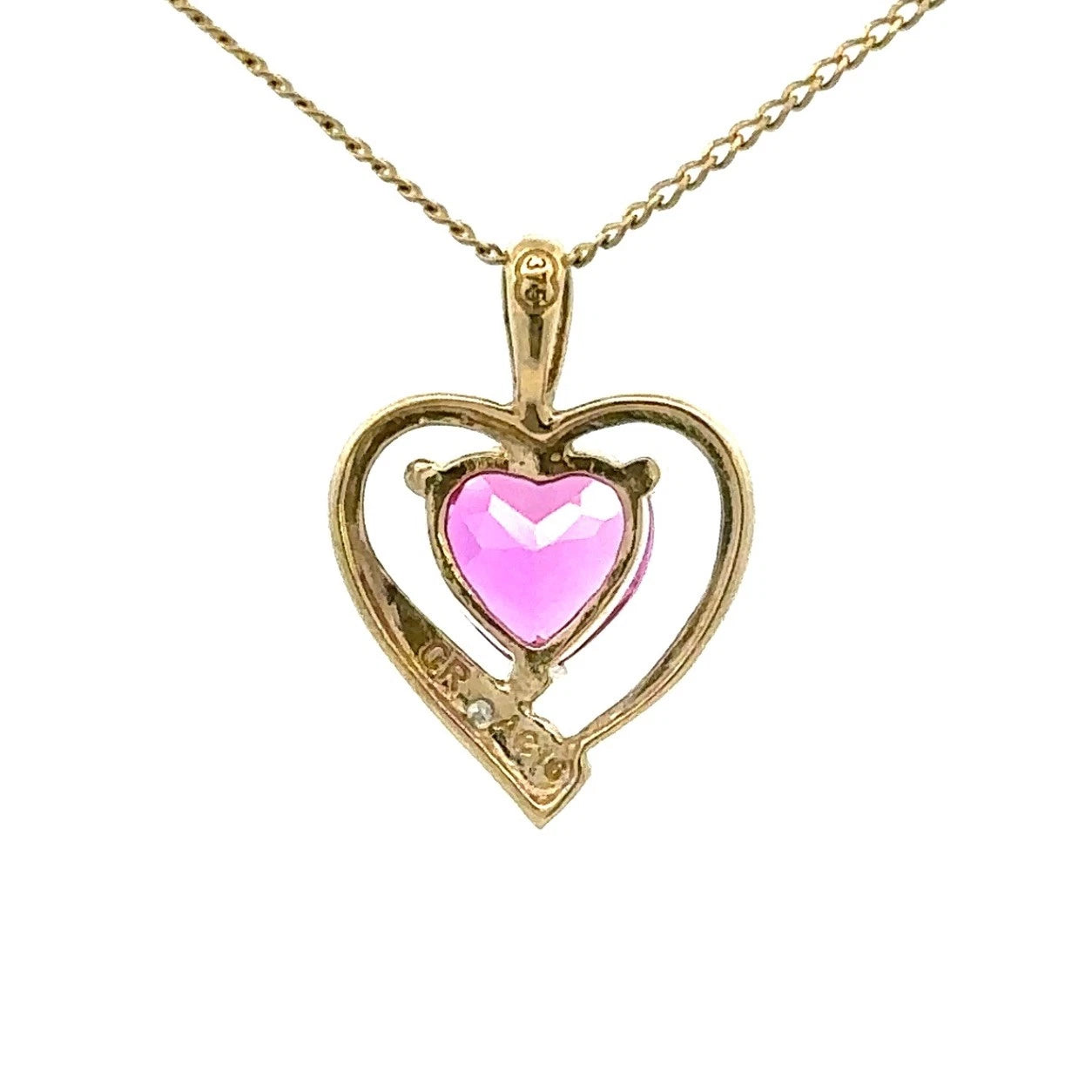 9Ct Yellow Gold Created Pink Sapphire & Diamond Accent Heart Pendant