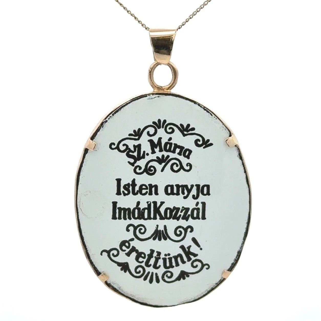 14Ct Yellow Gold Vintage Hungarian Virgin Mary Mother of God Pray For Us Pendant