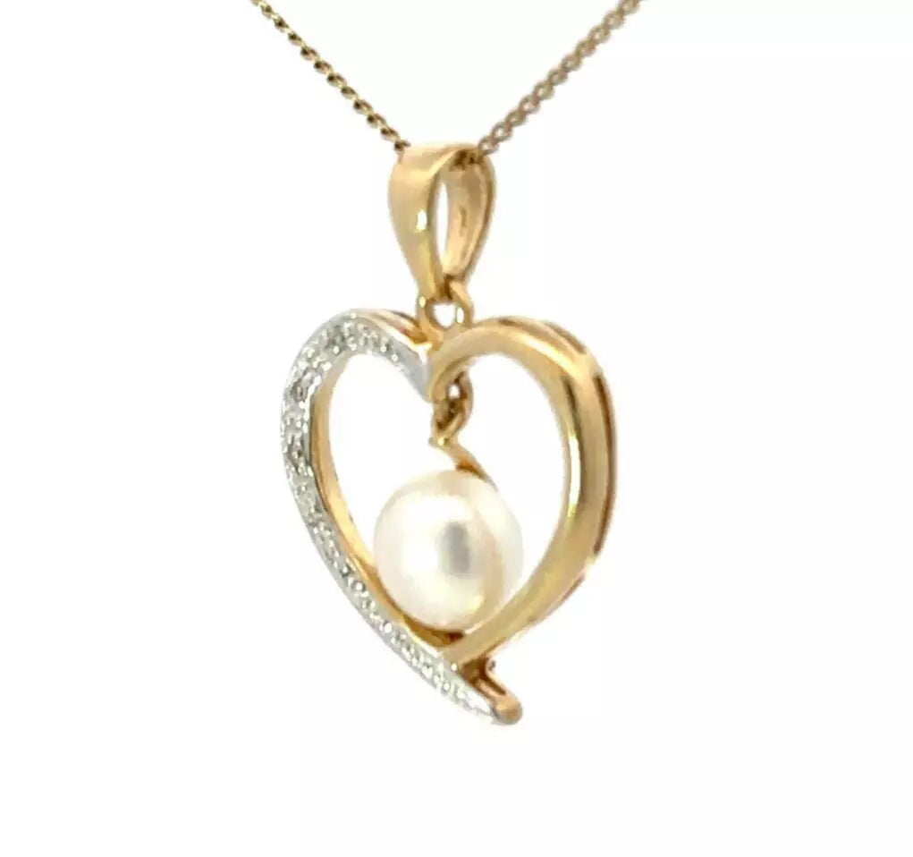 9Ct Two-Toned Gold Heart with Pearl and Accent Diamonds Charm Pendant
