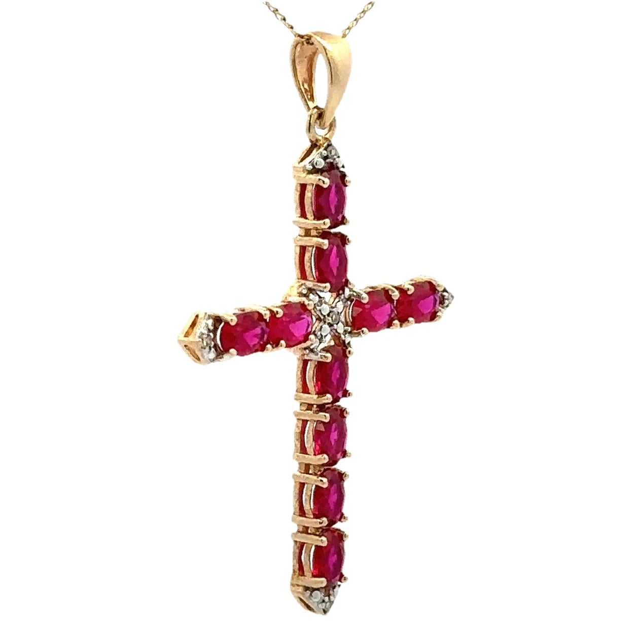 9Ct Yellow Gold Created Ruby & Diamond Accent Cross Pendant