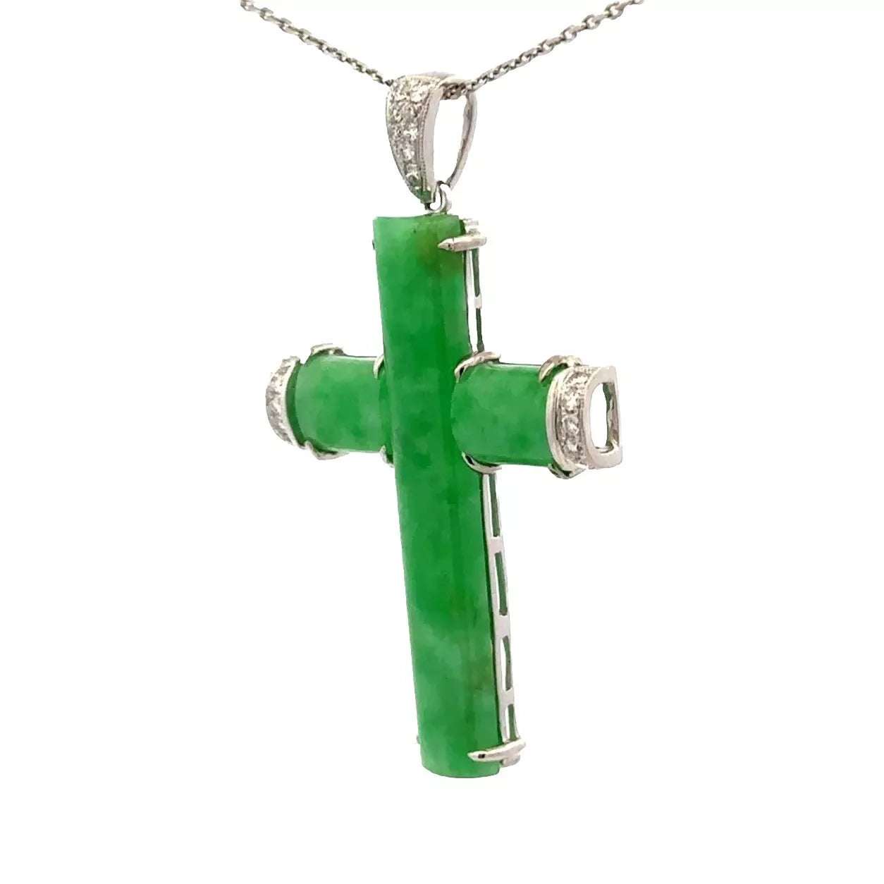 18Ct White Gold Jadeite .16CT TW Diamond Set Cross Pendant