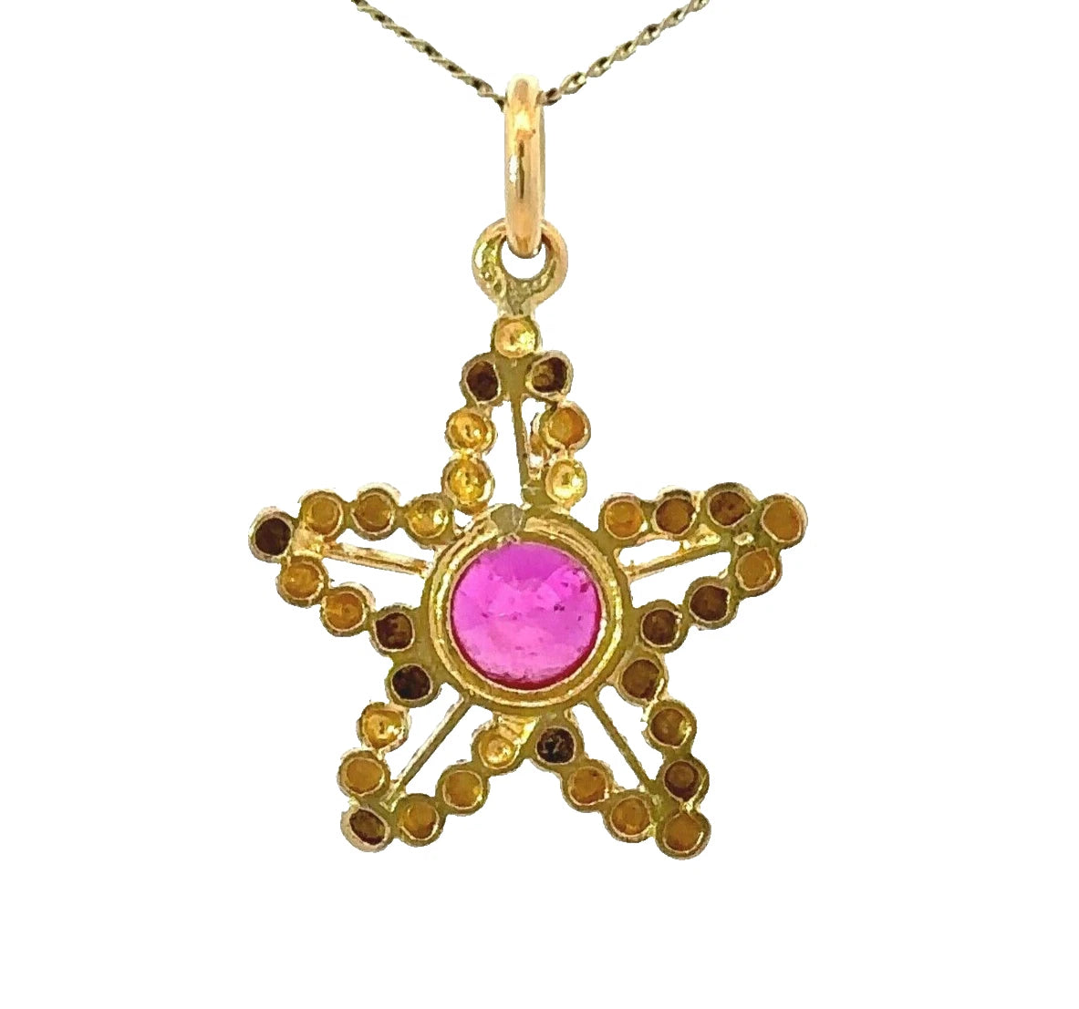 18Ct Yellow Gold Pink CZ Bezel Set Star Charm Pendant