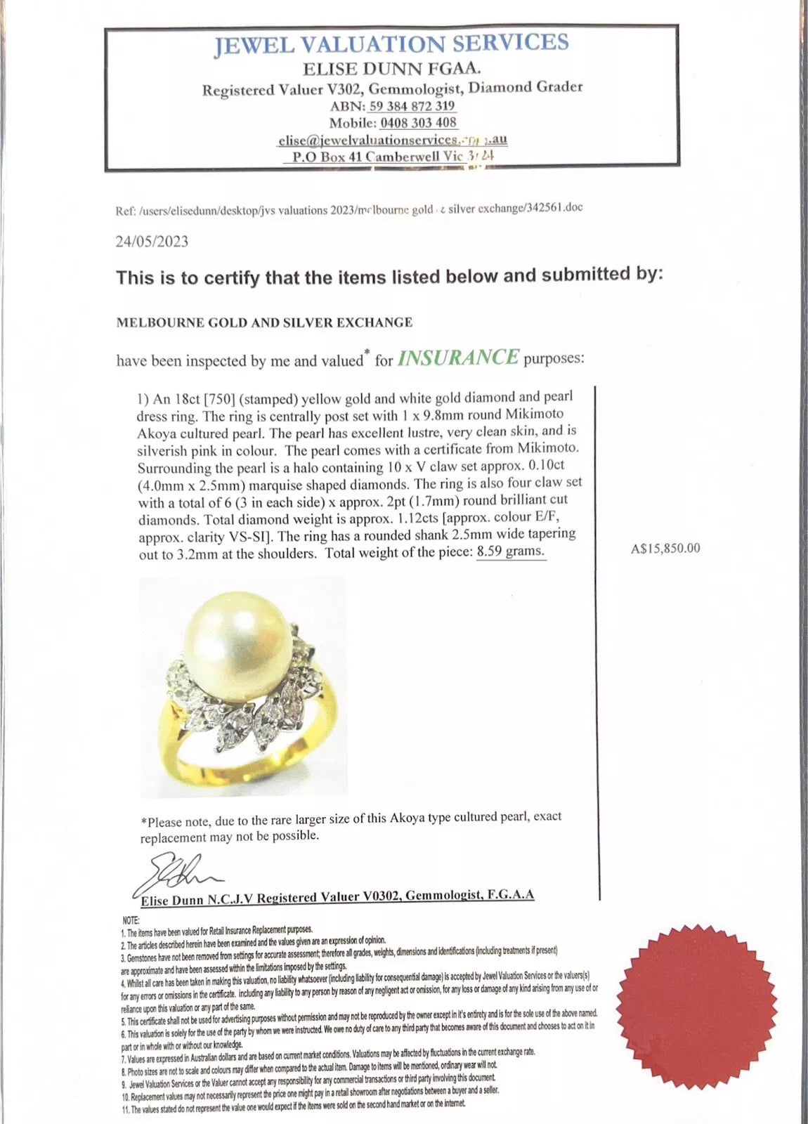 18Ct Yellow Gold Mikimoto Pearl & 1.12Ct TW Diamond Ring Sz O 1/2 VAL INCLUDED