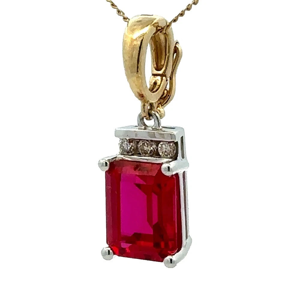 9Ct Two-Toned Gold Created Ruby & .10Ct Diamond Enhancer Pendant