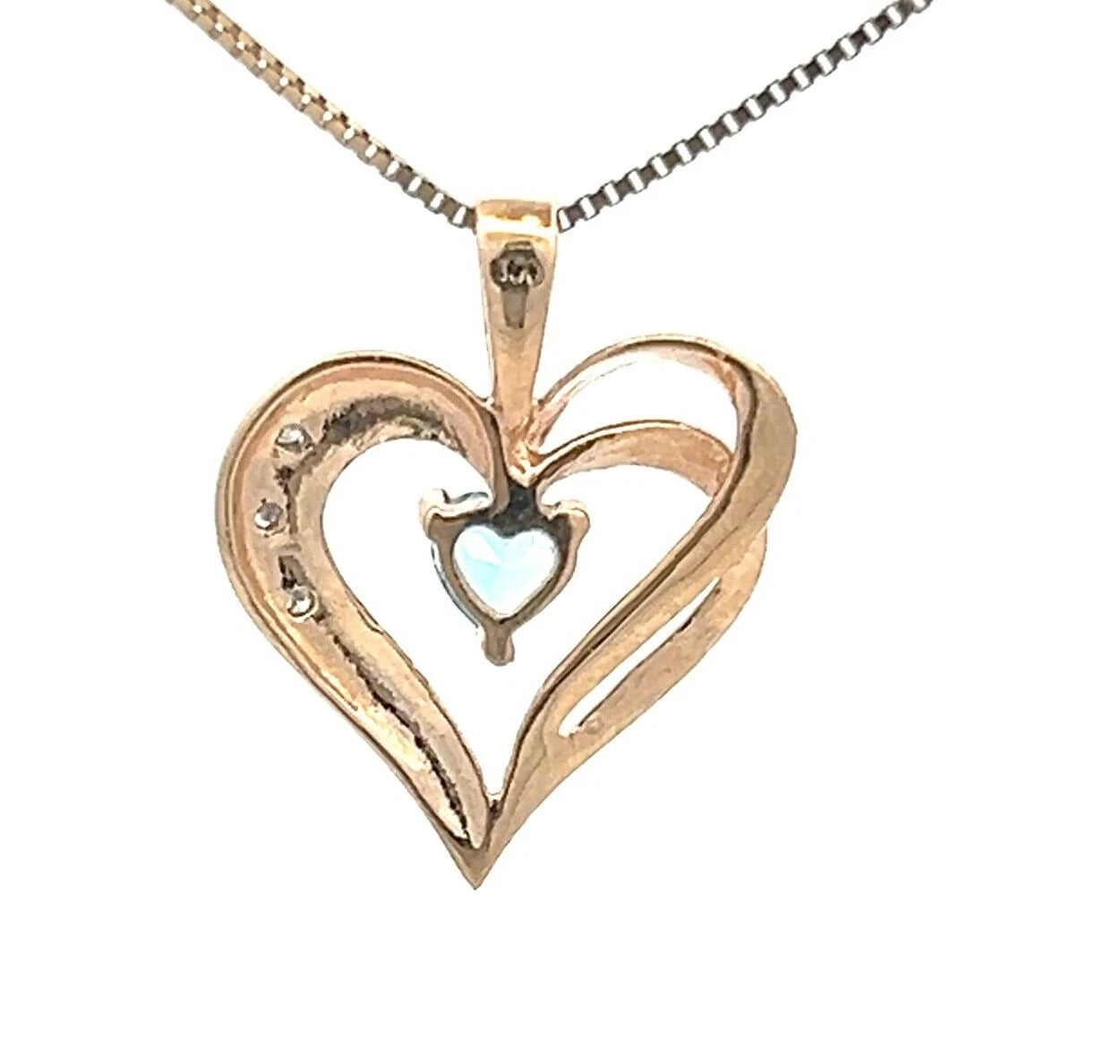 9Ct Two-Toned Gold Created Blue Topaz & Diamond Accent Heart Charm Pendant