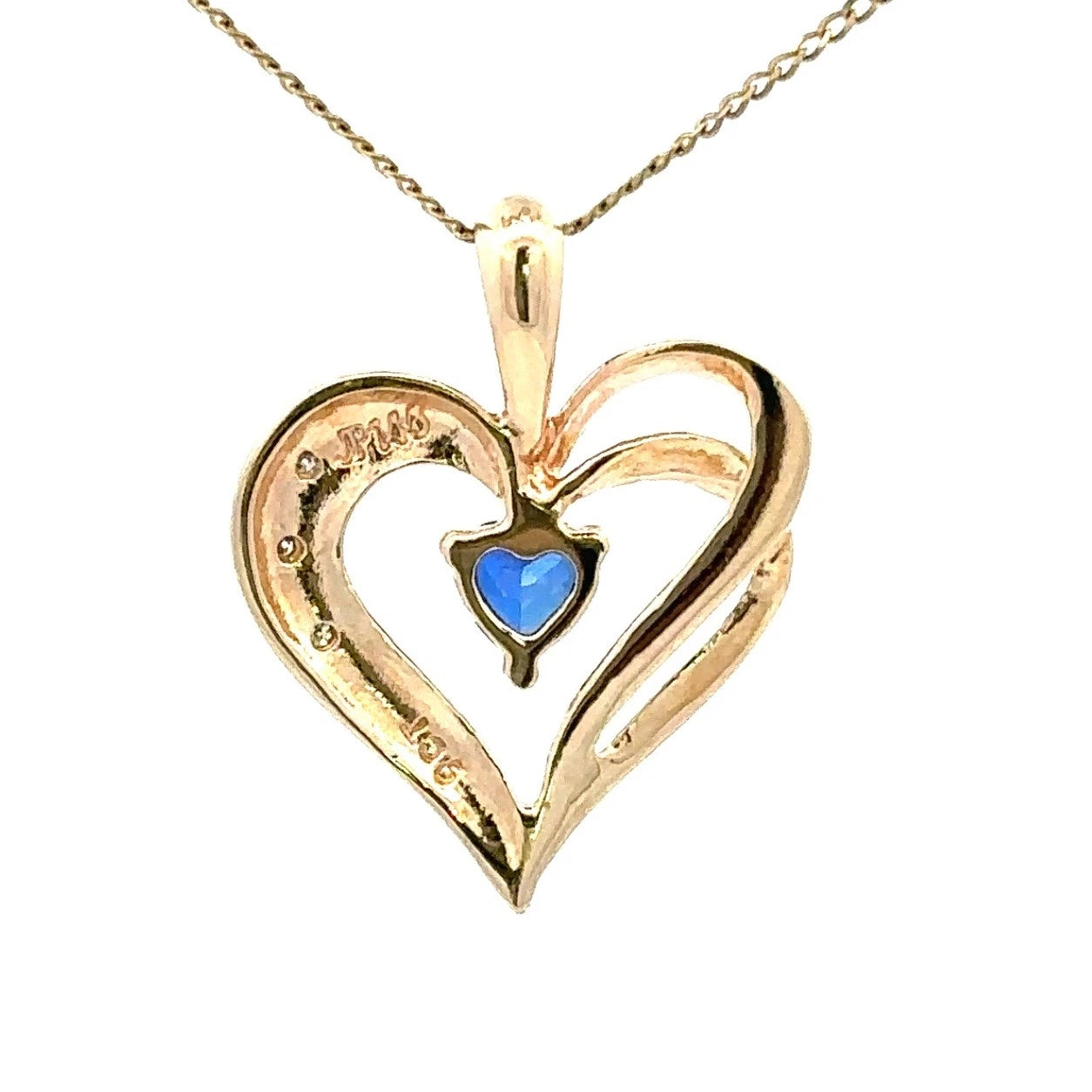 9Ct Yellow Gold Diamond Created Sapphire Heart Pendant