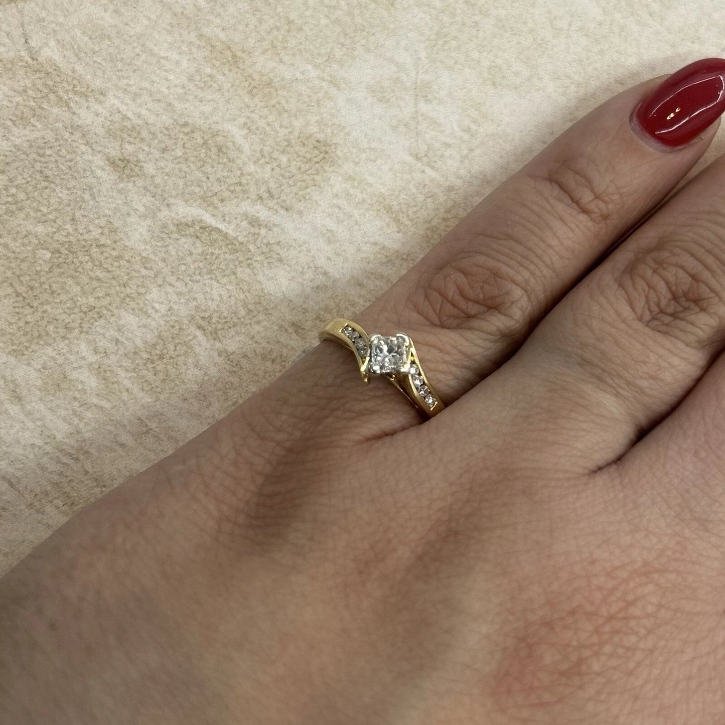 18Ct Yellow Gold Princess Cut Split Shank Diamond Ring Sz M
