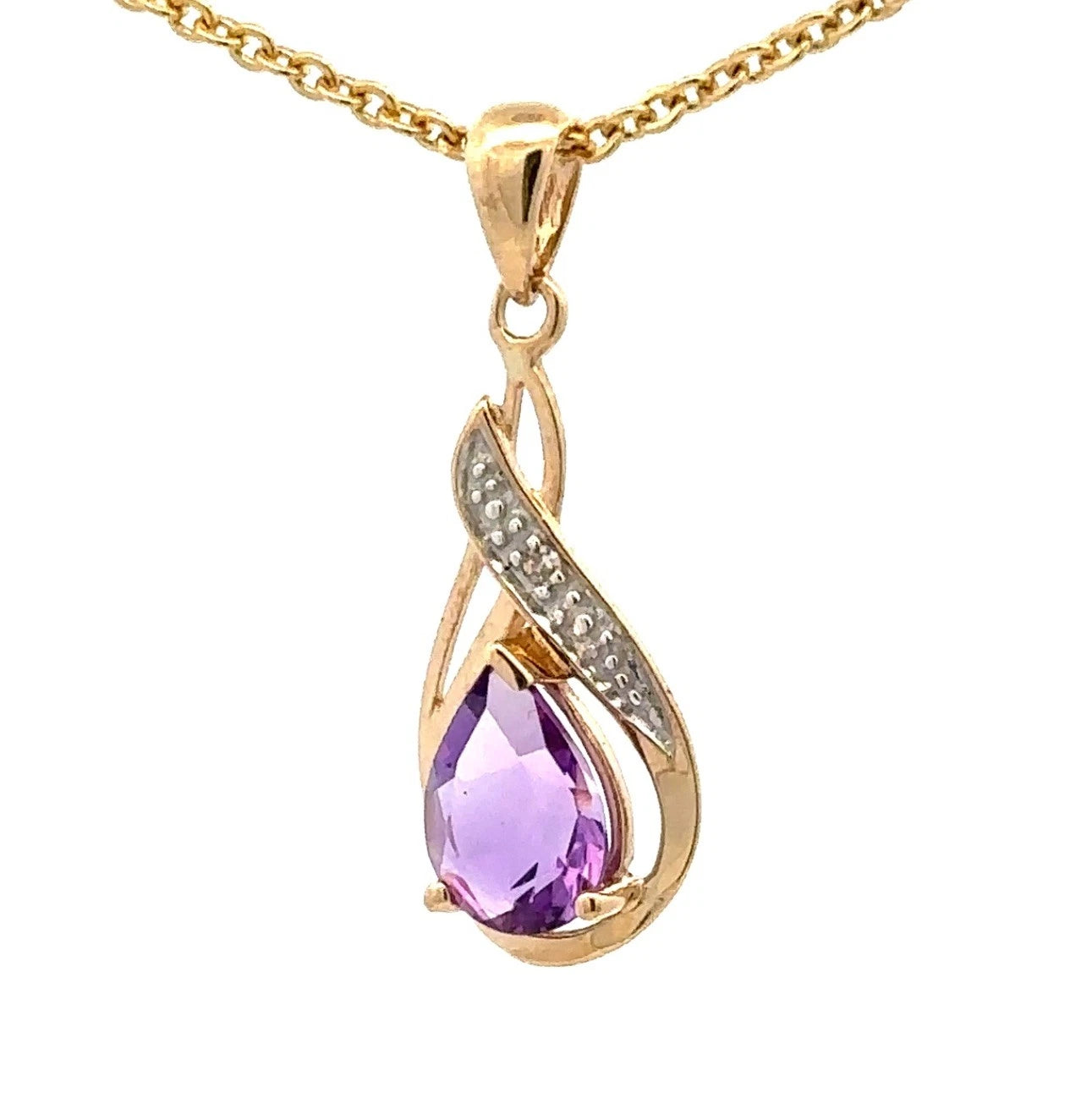 9Ct Yellow Gold Amethyst & Diamond Set Swirl Drop Pendant