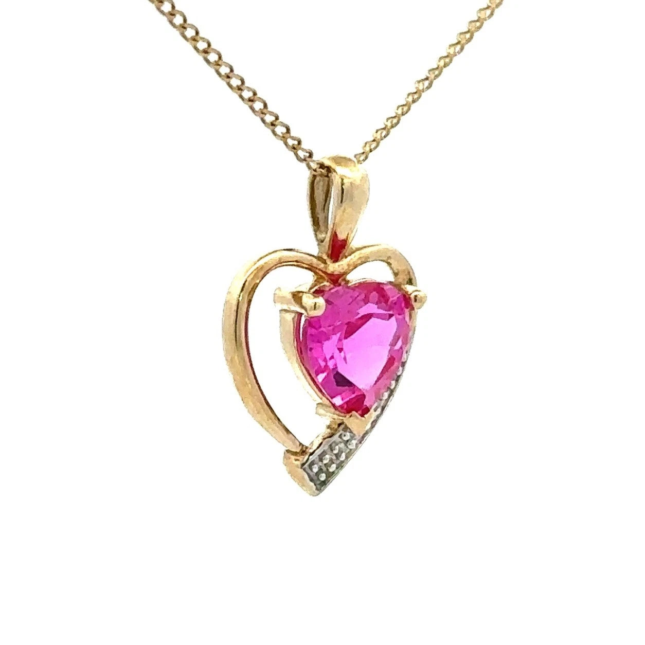 9Ct Yellow Gold Created Pink Sapphire & Diamond Accent Heart Pendant