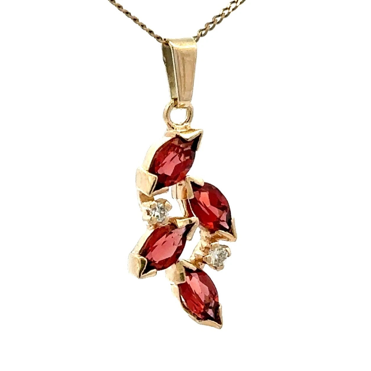 9Ct Yellow Gold Ornate Marquise Cut Garnet & Diamond Accent Charm Pendant