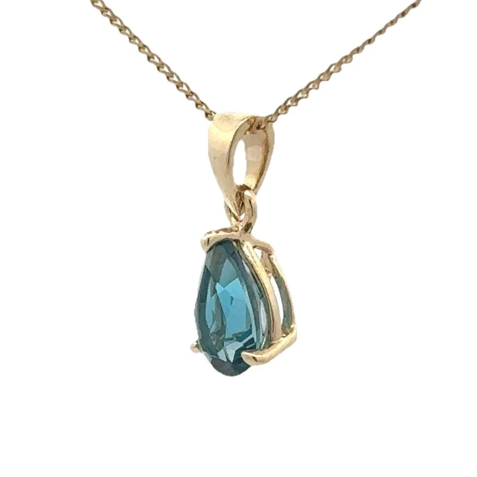 9Ct Yellow Gold Pear Shaped London Blue Topaz Solitaire Pendant