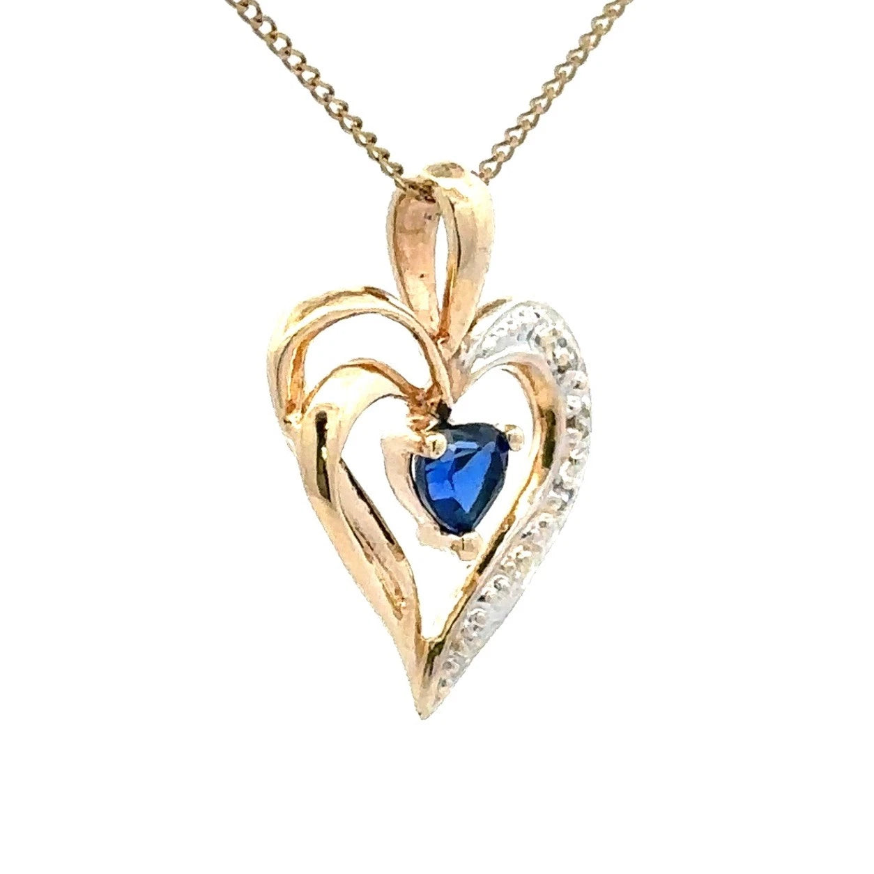 9Ct Yellow Gold Diamond Created Sapphire Heart Pendant