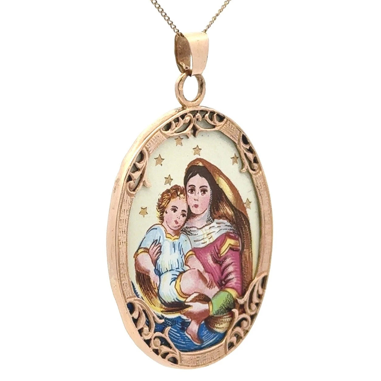 14Ct Yellow Gold Vintage Hungarian Virgin Mary Mother of God Pray For Us Pendant