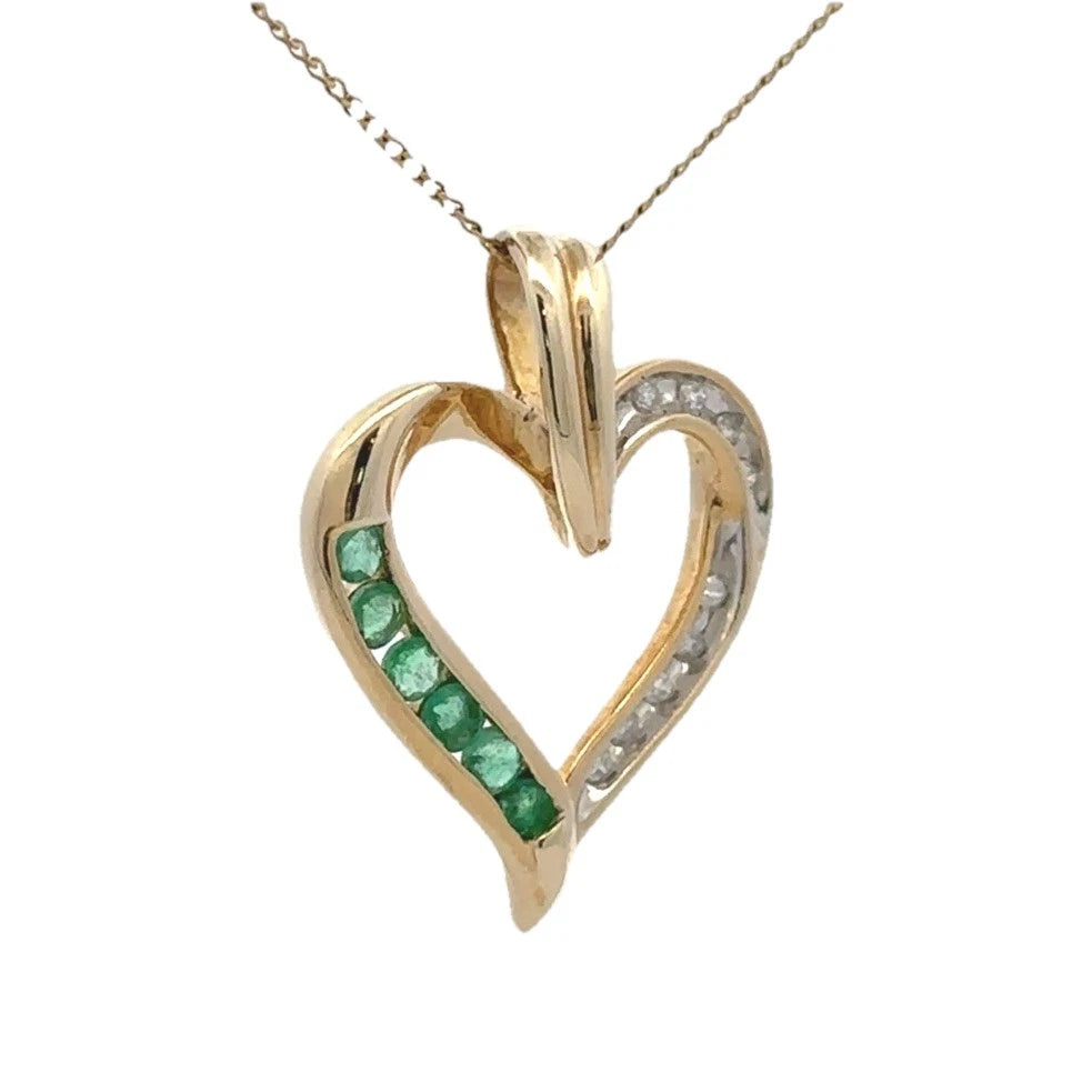 9Ct Yellow Gold Emerald & Diamond Heart Pendant