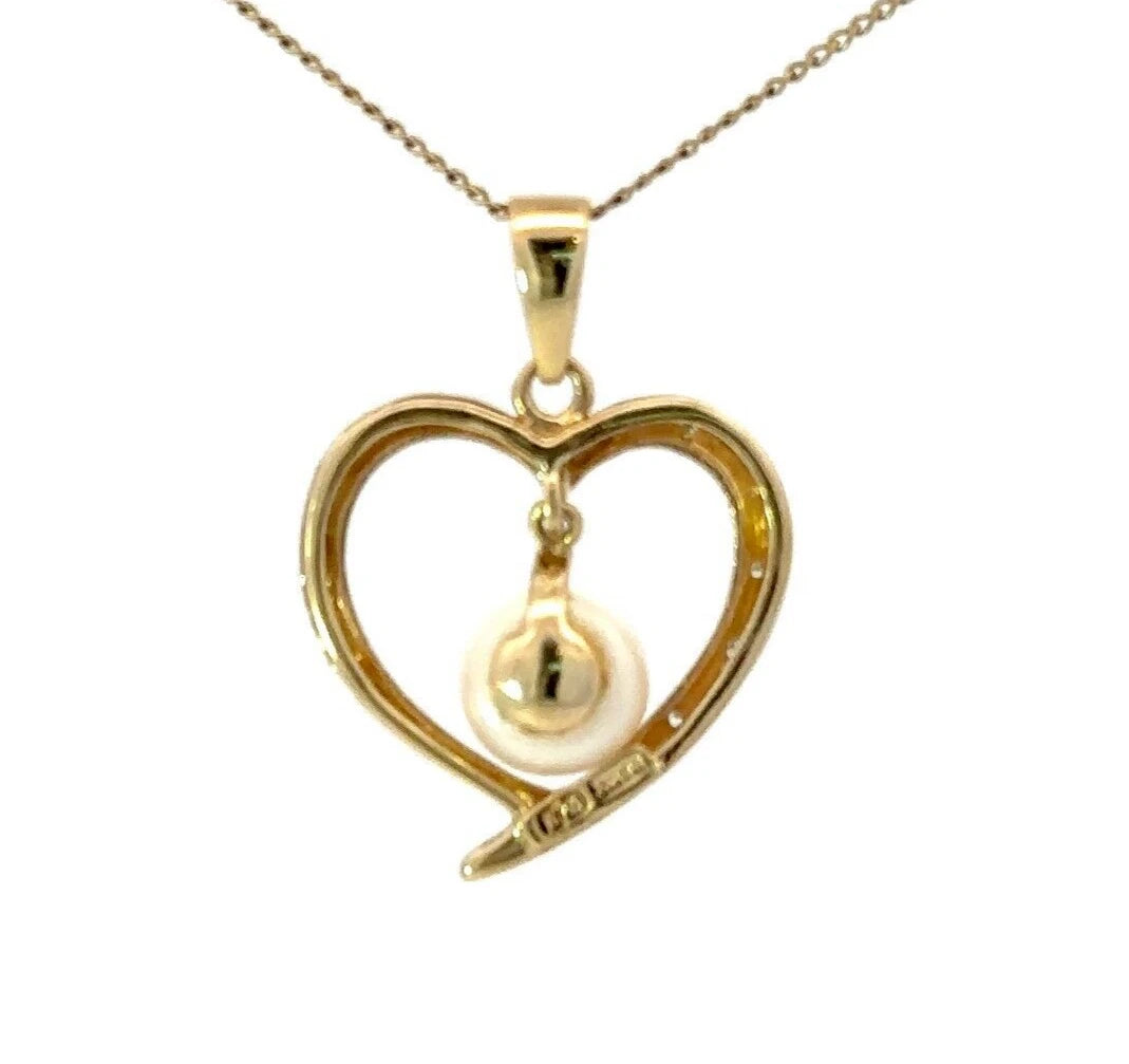 9Ct Two-Toned Gold Heart with Pearl and Accent Diamonds Charm Pendant