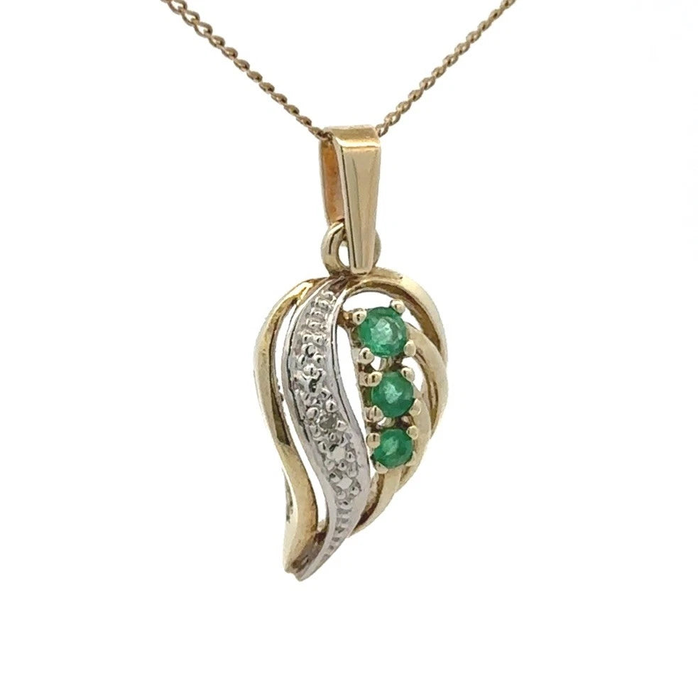 9Ct Yellow Gold Ornate Emerald & Diamond Accent Pendant