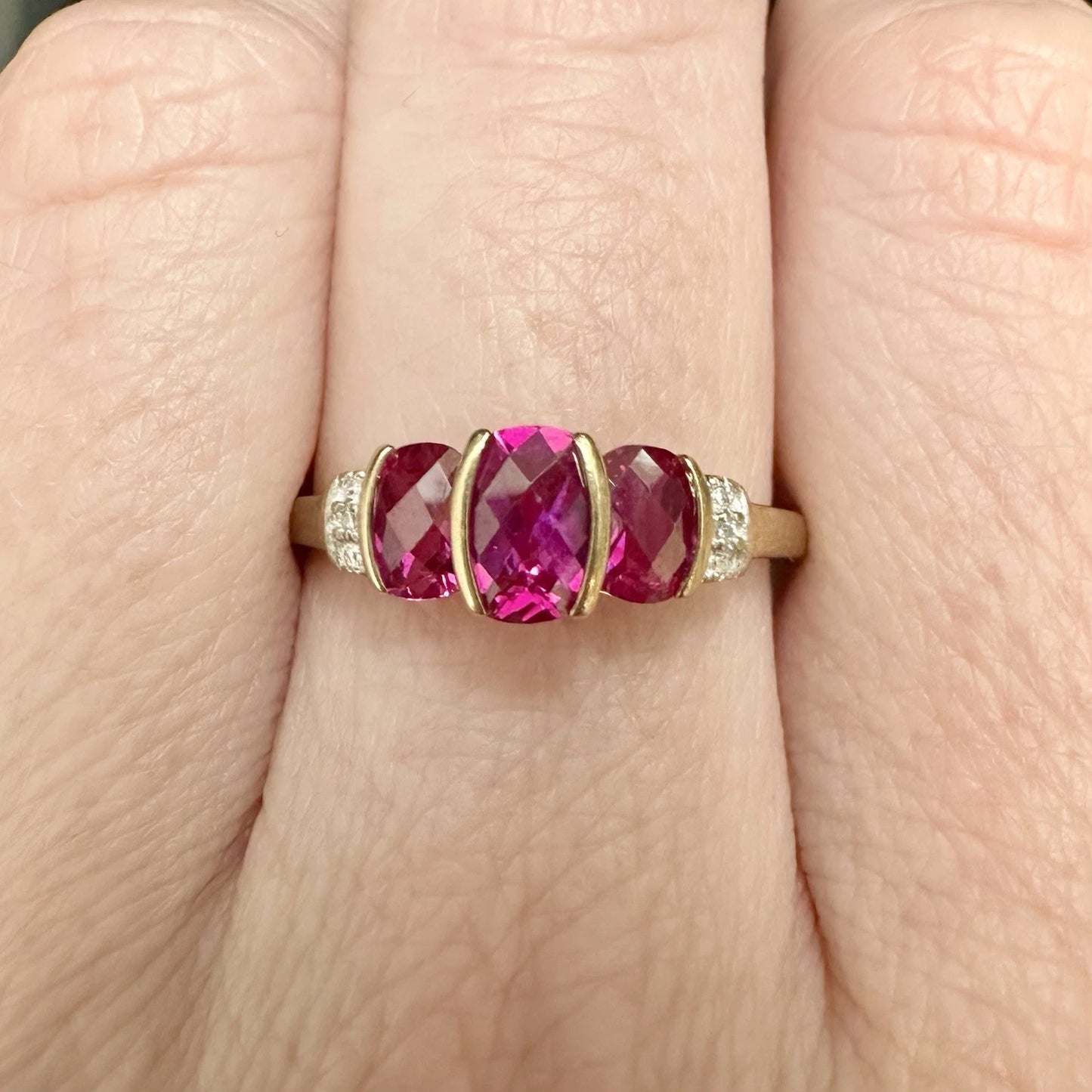 9Ct Yellow Gold Created Ruby Trilogy and Diamond Accent Ring Sz Q