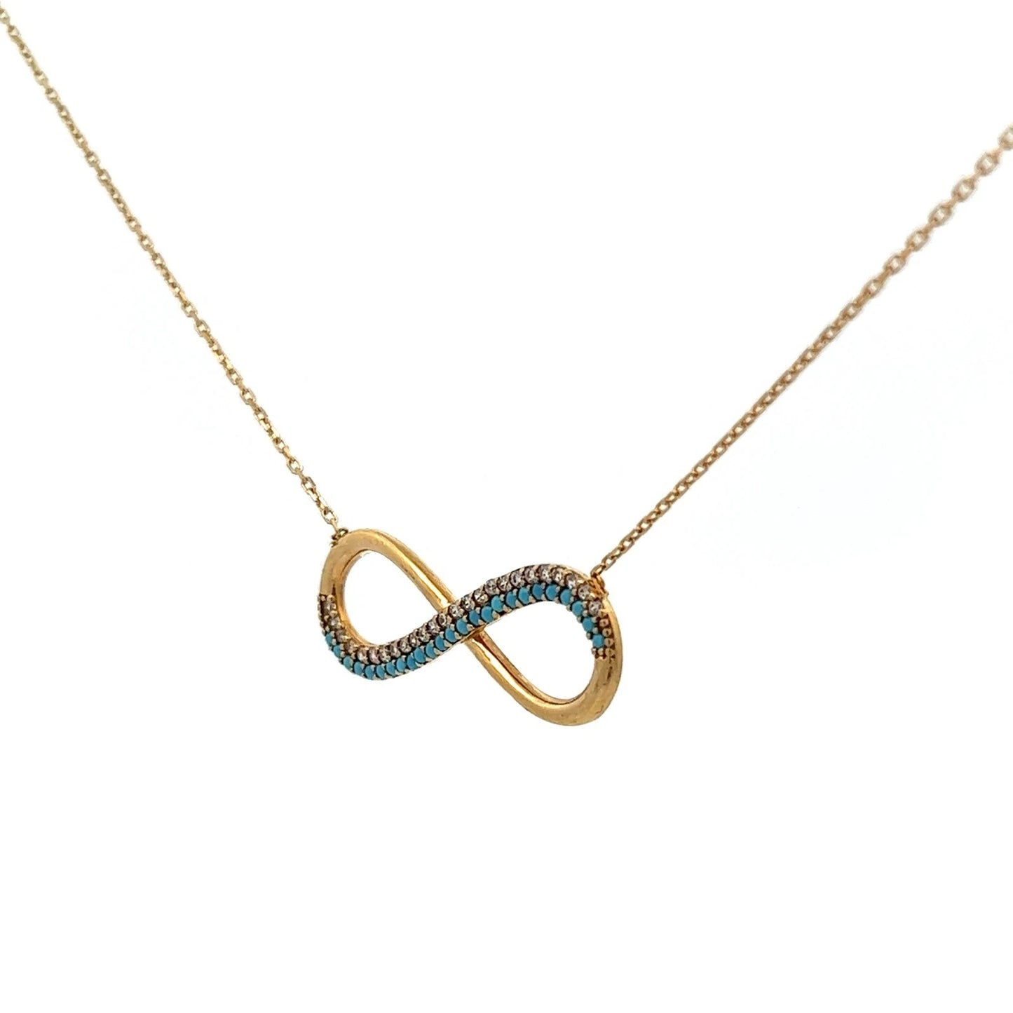 18Ct Yellow Gold Turquoise and CZ Infinity 45cm Chain Necklace