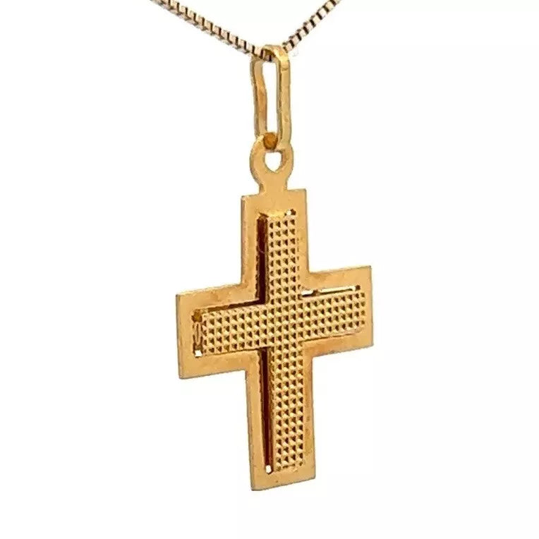 18Ct Yellow Gold Vintage Dotted Detail Cross Charm Pendant