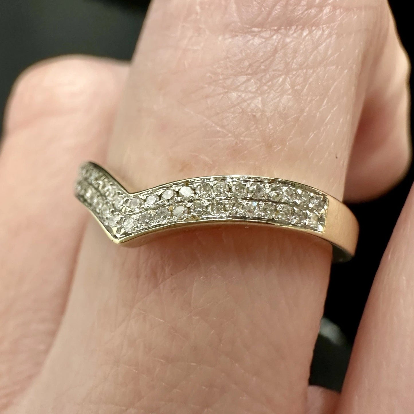 9Ct Yellow Gold .10 Carat TW Diamond Encrusted Wishbone Ring Sz O